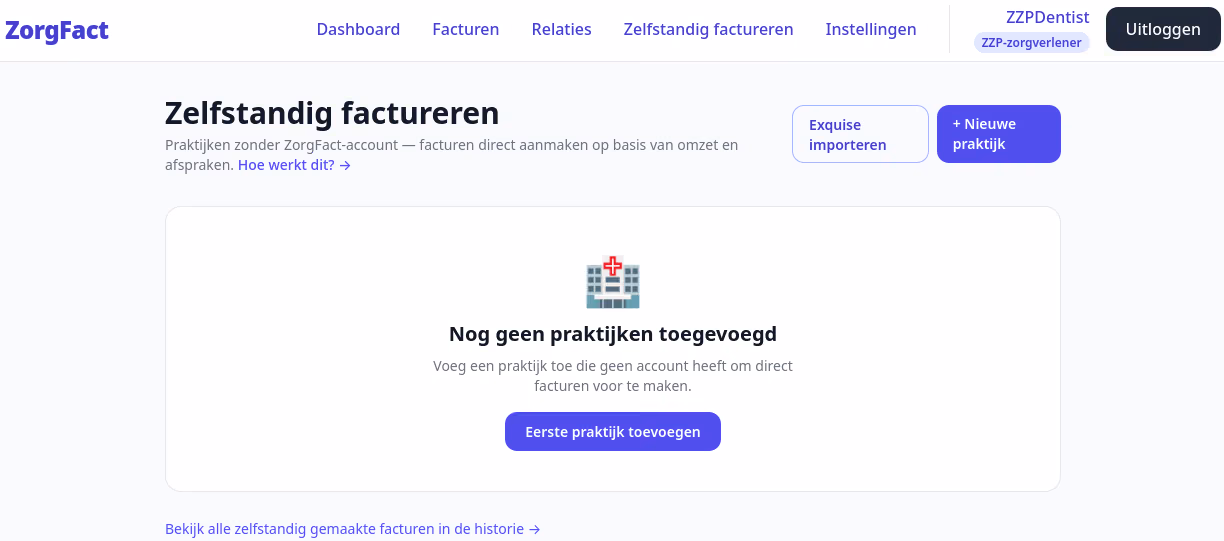 Zelfstandig factureren — overzichtspagina met de knop nieuwe ongekoppelde praktijk